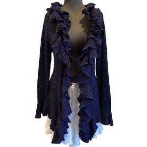 Dressbarn Deep Purple Ruffle Trim Open Front Cardigan Chunky Knit Long Sleeve